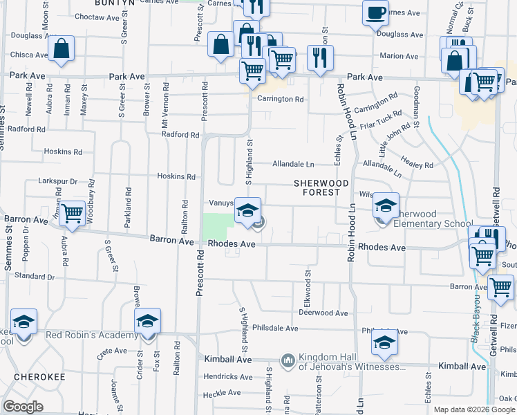 map of restaurants, bars, coffee shops, grocery stores, and more near 3500 Vanuys Road in Memphis