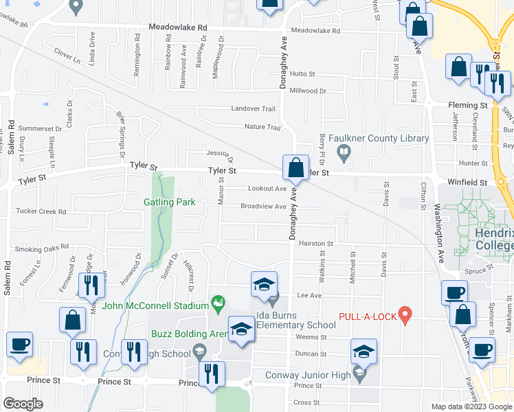 map of restaurants, bars, coffee shops, grocery stores, and more near 2114 Broadview Avenue in Conway