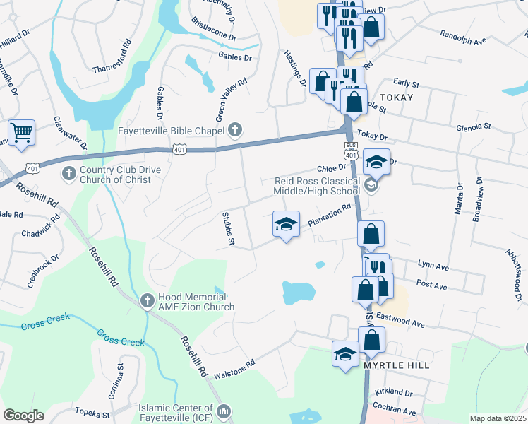 map of restaurants, bars, coffee shops, grocery stores, and more near 320 Sinclair Street in Fayetteville