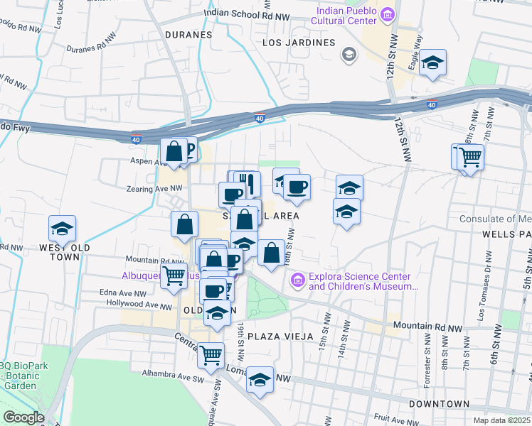 map of restaurants, bars, coffee shops, grocery stores, and more near 1801 Bellamah Avenue Northwest in Albuquerque