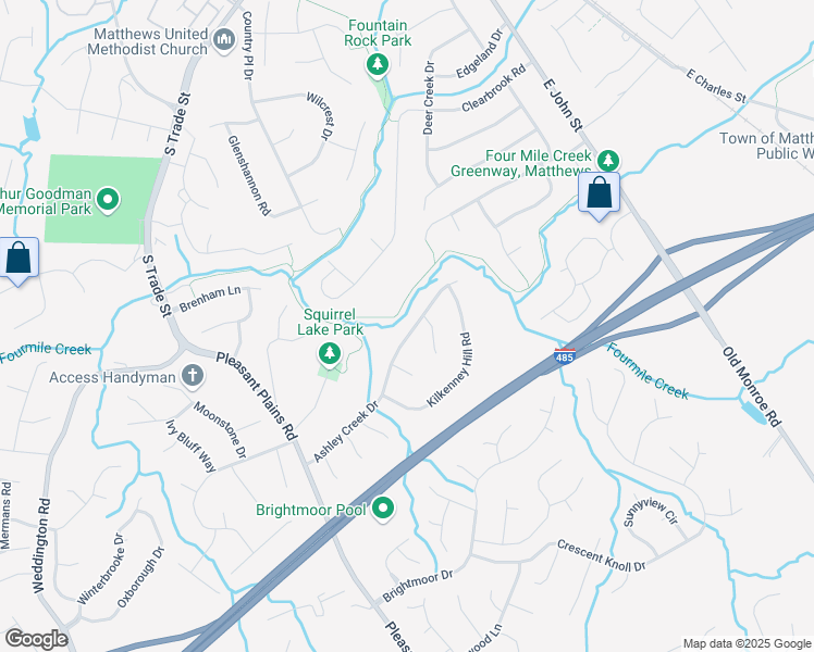 map of restaurants, bars, coffee shops, grocery stores, and more near 1216 Ashley Creek Drive in Matthews