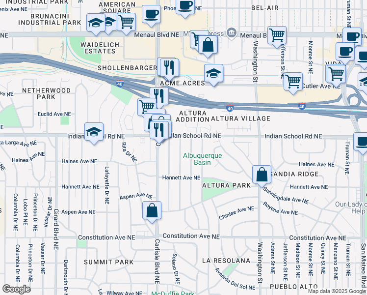 map of restaurants, bars, coffee shops, grocery stores, and more near 1830 Solano Drive Northeast in Albuquerque