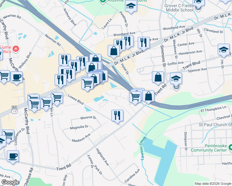 map of restaurants, bars, coffee shops, grocery stores, and more near 3001 Guilford Court in New Bern