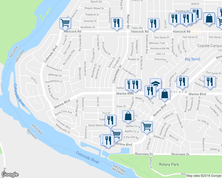 map of restaurants, bars, coffee shops, grocery stores, and more near 492 Harbor Drive in Bullhead City
