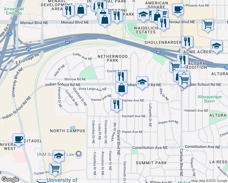 map of restaurants, bars, coffee shops, grocery stores, and more near 1530 Vassar Drive Northeast in Albuquerque