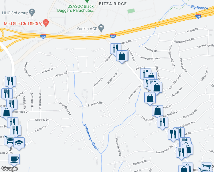 map of restaurants, bars, coffee shops, grocery stores, and more near 1239 Bromley Drive in Fayetteville