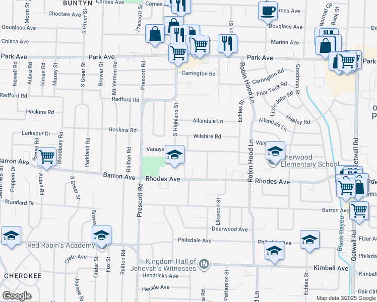 map of restaurants, bars, coffee shops, grocery stores, and more near 3525 Vanuys Road in Memphis