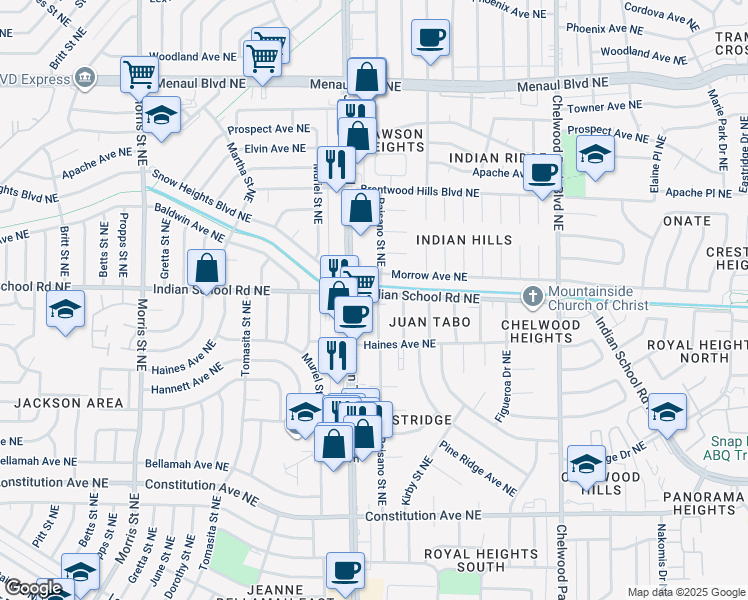 map of restaurants, bars, coffee shops, grocery stores, and more near 11816 Indian School Road Northeast in Albuquerque