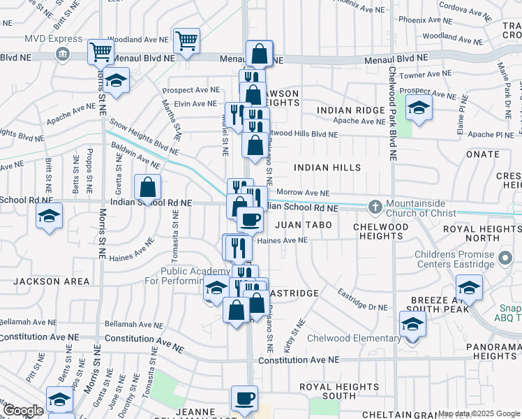 map of restaurants, bars, coffee shops, grocery stores, and more near 11816 Indian School Road Northeast in Albuquerque
