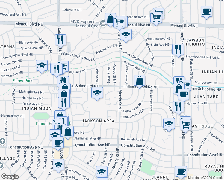 map of restaurants, bars, coffee shops, grocery stores, and more near 1 Westlake Drive Northeast in Albuquerque