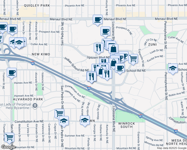 map of restaurants, bars, coffee shops, grocery stores, and more near 6400 Americas Parkway in Albuquerque
