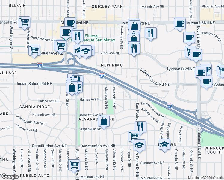 map of restaurants, bars, coffee shops, grocery stores, and more near 2129 Valencia Drive Northeast in Albuquerque