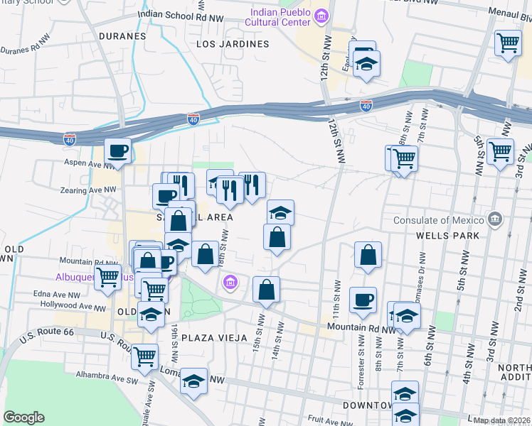map of restaurants, bars, coffee shops, grocery stores, and more near 1400 Lumberton Drive Northwest in Albuquerque