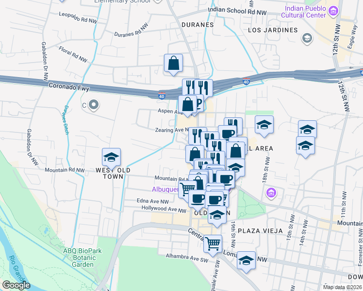 map of restaurants, bars, coffee shops, grocery stores, and more near 8 Northeast Circle Southwest in Albuquerque
