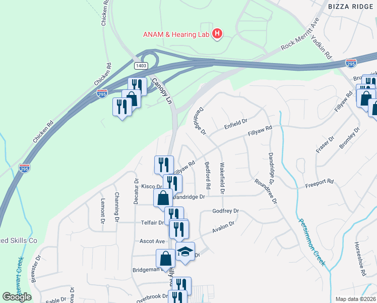map of restaurants, bars, coffee shops, grocery stores, and more near 845 Applewood Lane in Fayetteville