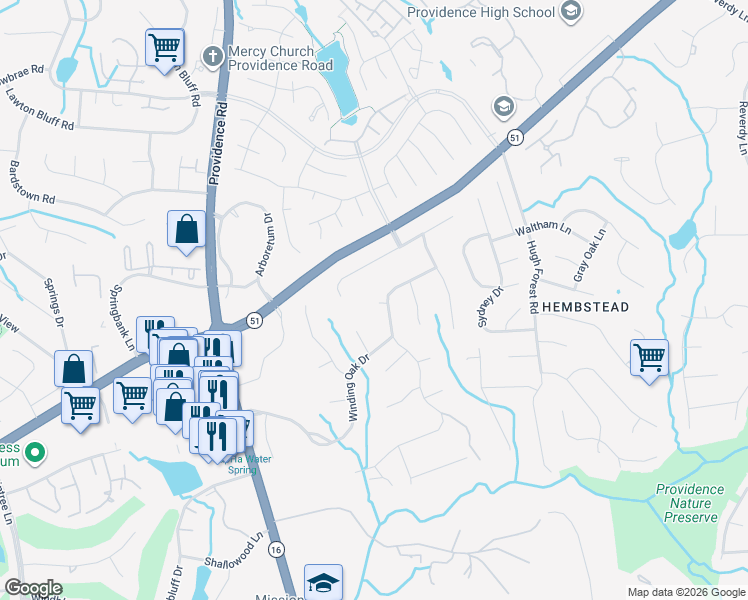 map of restaurants, bars, coffee shops, grocery stores, and more near 2300 Oakmeade Drive in Charlotte