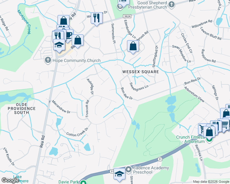 map of restaurants, bars, coffee shops, grocery stores, and more near in Charlotte