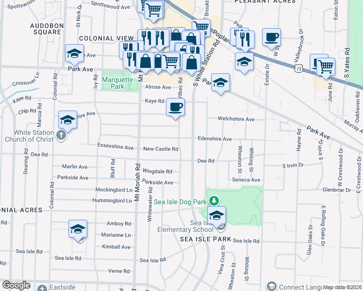 map of restaurants, bars, coffee shops, grocery stores, and more near 5103 Edenshire Avenue in Memphis