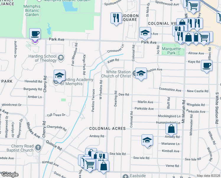 map of restaurants, bars, coffee shops, grocery stores, and more near 1101 South Perkins Road in Memphis