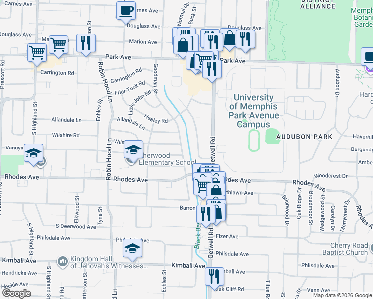 map of restaurants, bars, coffee shops, grocery stores, and more near 1087 McEvers Road in Memphis