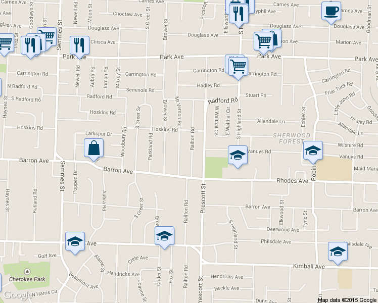 map of restaurants, bars, coffee shops, grocery stores, and more near 1105 Railton Road in Memphis
