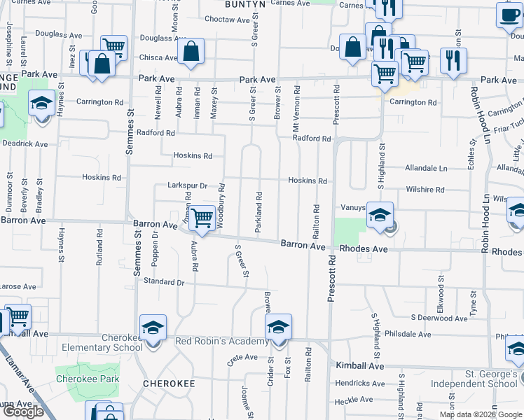 map of restaurants, bars, coffee shops, grocery stores, and more near 1114 Parkland Road in Memphis