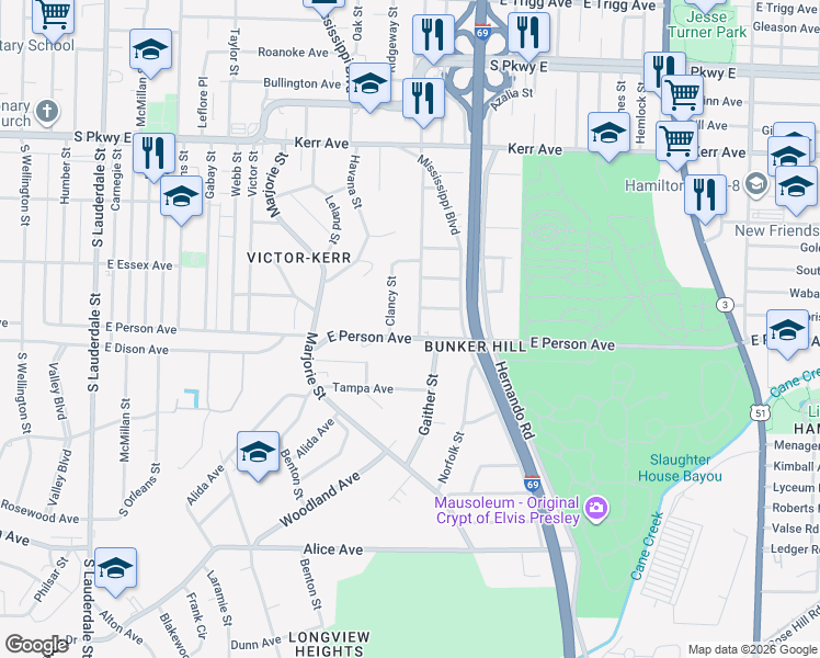 map of restaurants, bars, coffee shops, grocery stores, and more near 1659 Gaither Street in Memphis
