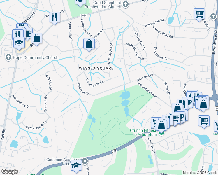 map of restaurants, bars, coffee shops, grocery stores, and more near 3708 Bon-Rea Drive in Charlotte