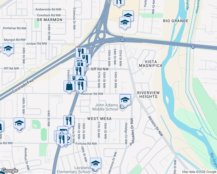 map of restaurants, bars, coffee shops, grocery stores, and more near 1425 55th Street Northwest in Albuquerque