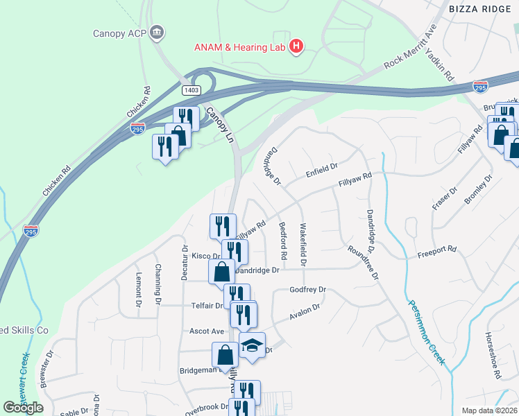 map of restaurants, bars, coffee shops, grocery stores, and more near 845 Applewood Lane in Fayetteville