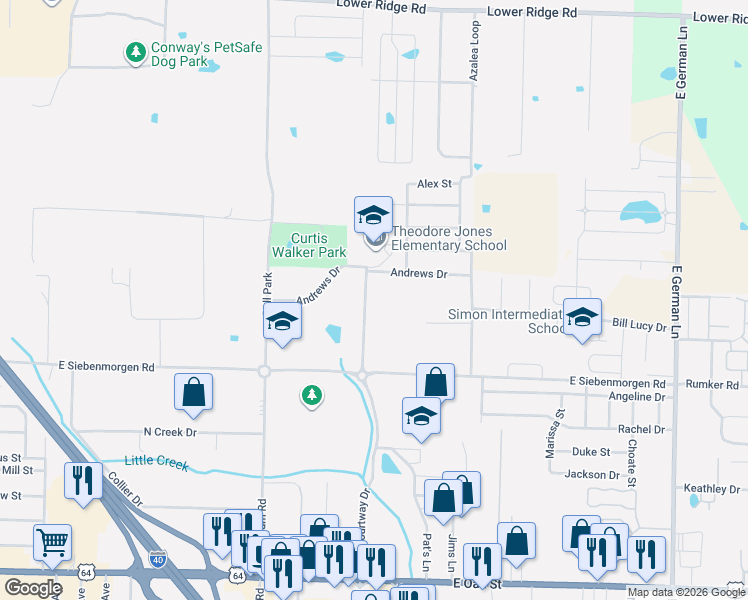 map of restaurants, bars, coffee shops, grocery stores, and more near 1630 Freyaldenhoven Lane in Conway