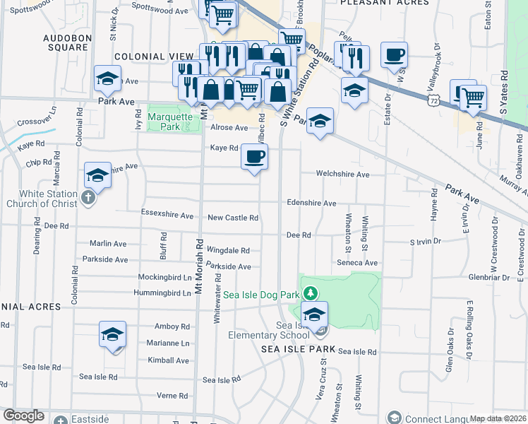 map of restaurants, bars, coffee shops, grocery stores, and more near 5103 Edenshire Avenue in Memphis