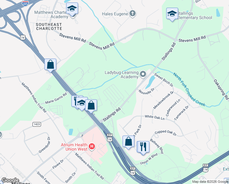 map of restaurants, bars, coffee shops, grocery stores, and more near 2023 Stallings Rd in Matthews