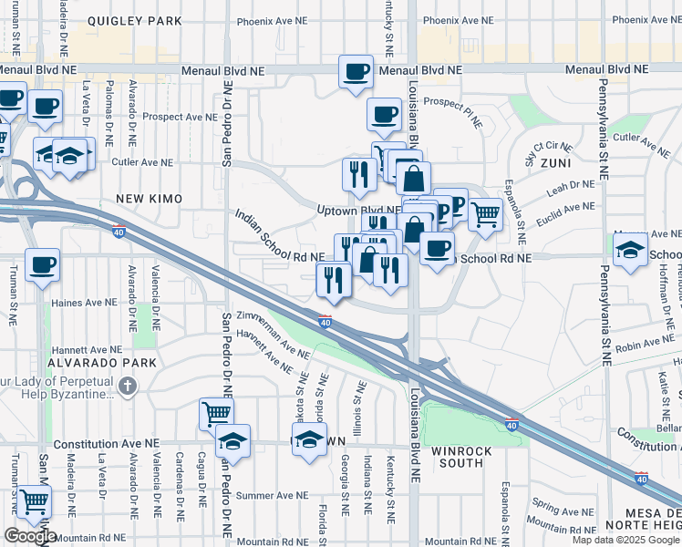 map of restaurants, bars, coffee shops, grocery stores, and more near 6400 Americas Parkway in Albuquerque