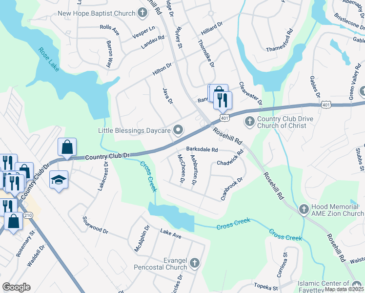 map of restaurants, bars, coffee shops, grocery stores, and more near 3258 Barksdale Road in Fayetteville