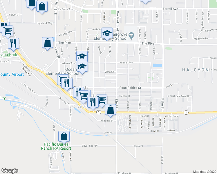 map of restaurants, bars, coffee shops, grocery stores, and more near 2115 Paso Robles Street in Oceano