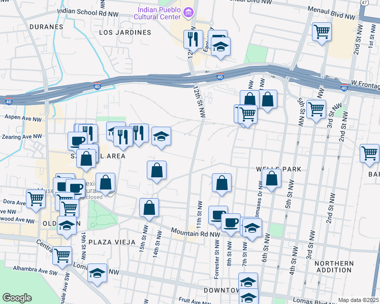 map of restaurants, bars, coffee shops, grocery stores, and more near 1401 12th Street Northwest in Albuquerque