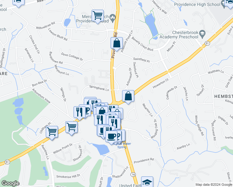 map of restaurants, bars, coffee shops, grocery stores, and more near Arboretum Drive in Charlotte