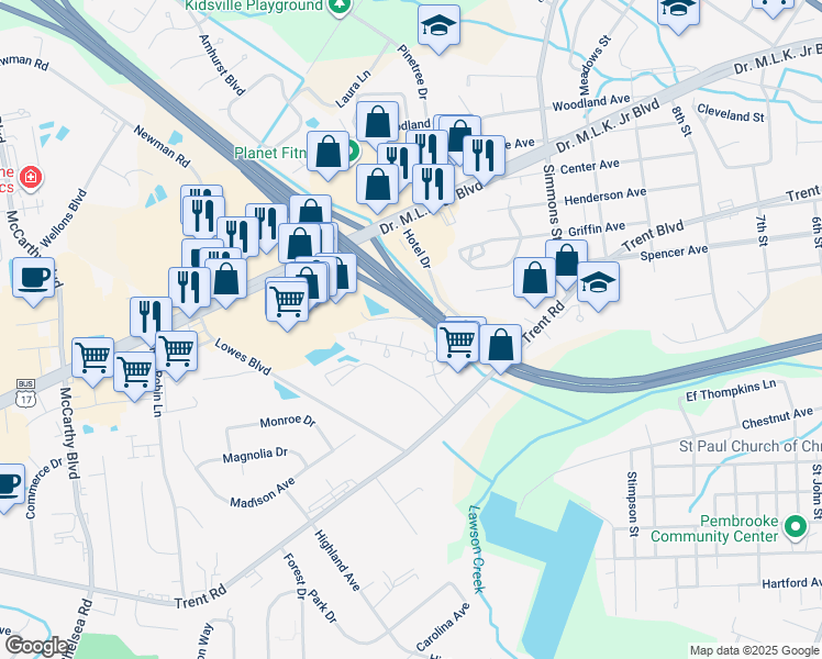 map of restaurants, bars, coffee shops, grocery stores, and more near 3002 Guilford Court in New Bern