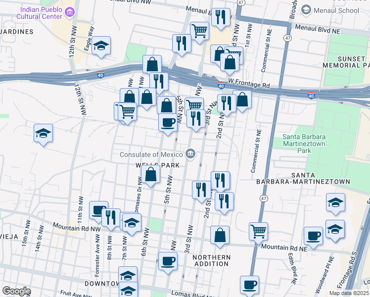 map of restaurants, bars, coffee shops, grocery stores, and more near 1801 4th Street Northwest in Albuquerque