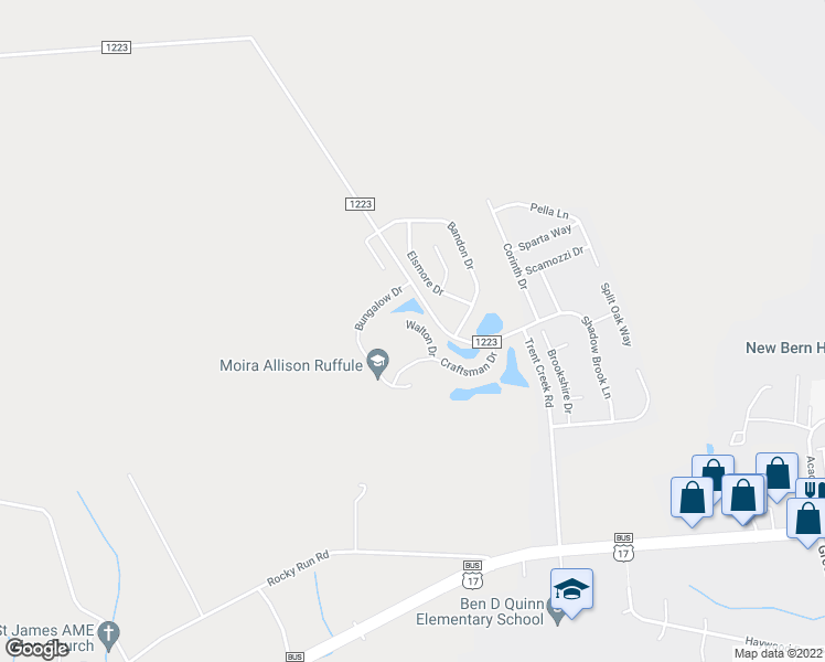 map of restaurants, bars, coffee shops, grocery stores, and more near 206 Walton Drive in New Bern