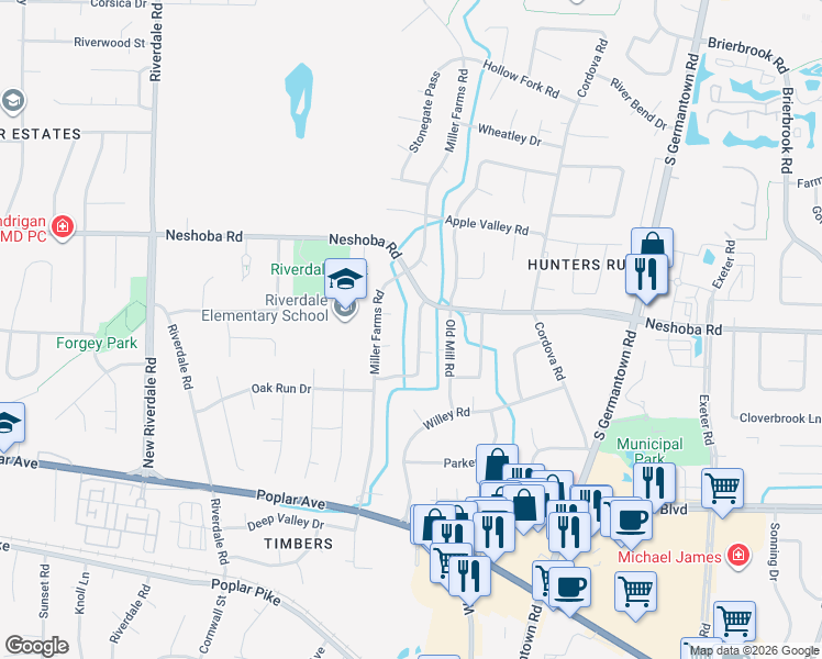map of restaurants, bars, coffee shops, grocery stores, and more near 1741 Magnolia Tree Road in Memphis