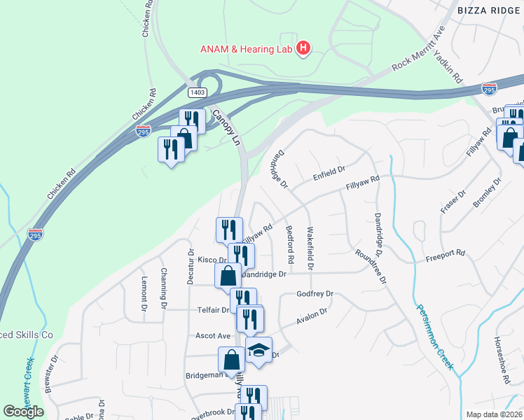 map of restaurants, bars, coffee shops, grocery stores, and more near 845 Applewood Lane in Fayetteville
