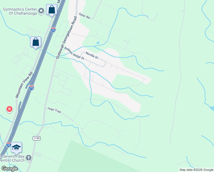 map of restaurants, bars, coffee shops, grocery stores, and more near 6558 Satjanon Drive in Ooltewah