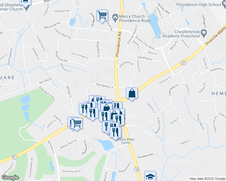map of restaurants, bars, coffee shops, grocery stores, and more near 3025 Springbank Lane in Charlotte