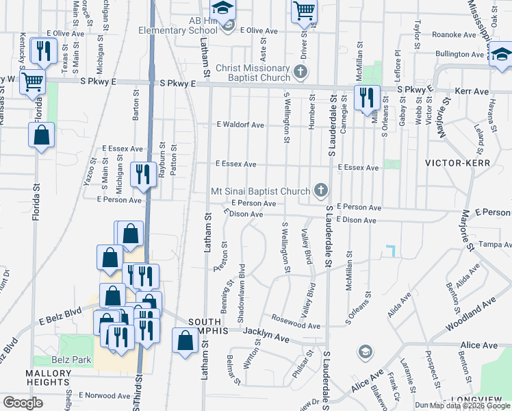 map of restaurants, bars, coffee shops, grocery stores, and more near 1671 Cameron Street in Memphis