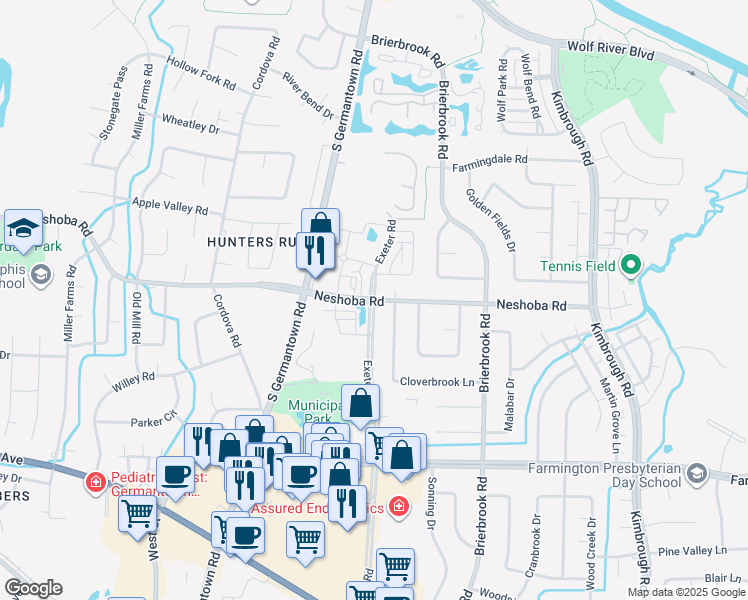 map of restaurants, bars, coffee shops, grocery stores, and more near 1684 Exeter Road in Germantown
