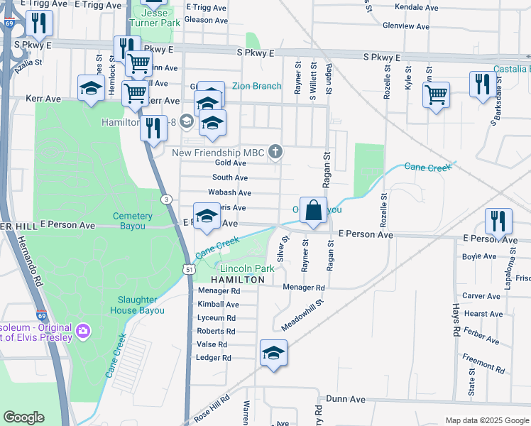 map of restaurants, bars, coffee shops, grocery stores, and more near 1477 Doris Avenue in Memphis