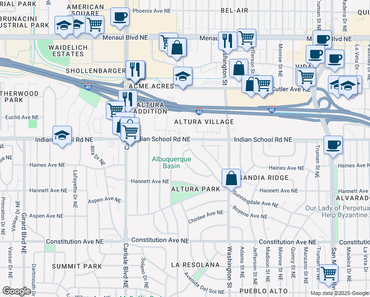 map of restaurants, bars, coffee shops, grocery stores, and more near 4012 Gracia Court Northeast in Albuquerque