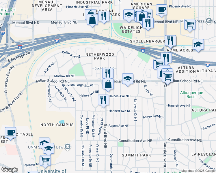 map of restaurants, bars, coffee shops, grocery stores, and more near 1530 Girard Boulevard Northeast in Albuquerque